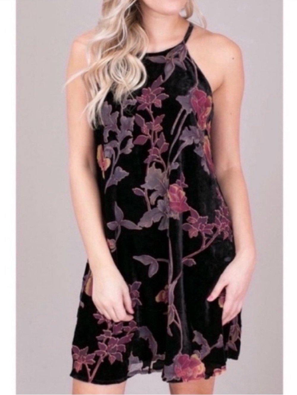Entro Winter Floral dress purple burgundy floral burnout velvet high neck